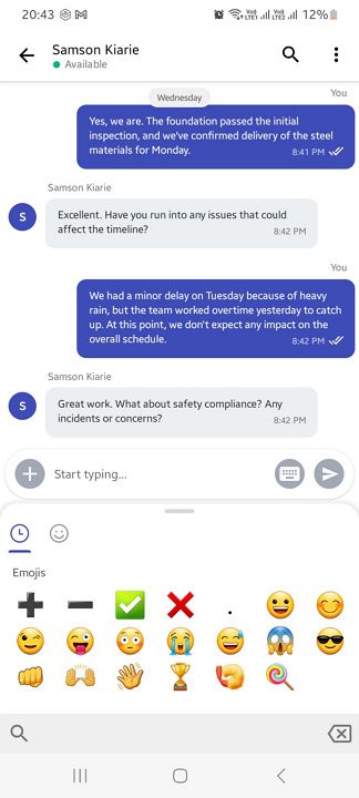 Screenshot showing emojis on the Zoho Shifts mobile app. 