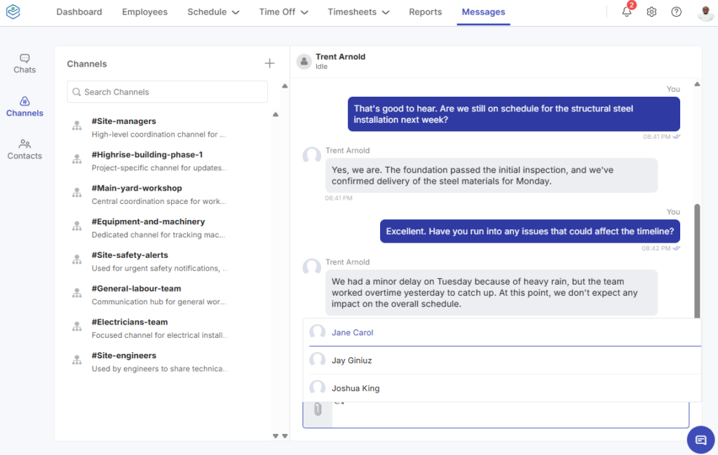 Screenshot showing channels on Zoho Shifts.&nbsp;