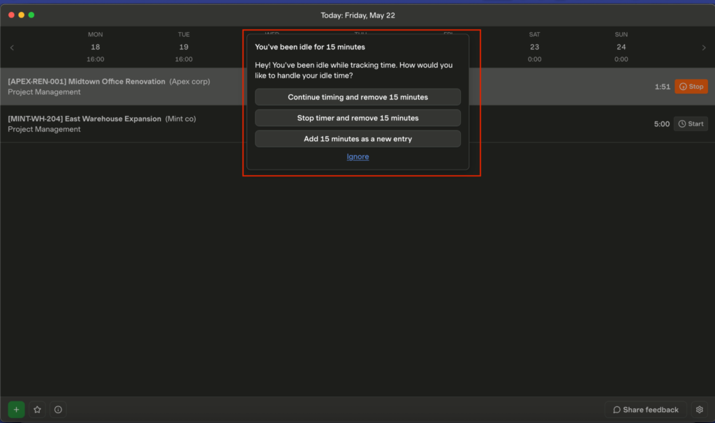 Harvest&rsquo;s macOS desktop app showing an idle-time popup with options to remove idle minutes, stop the timer, continue tracking, or create a separate time entry.