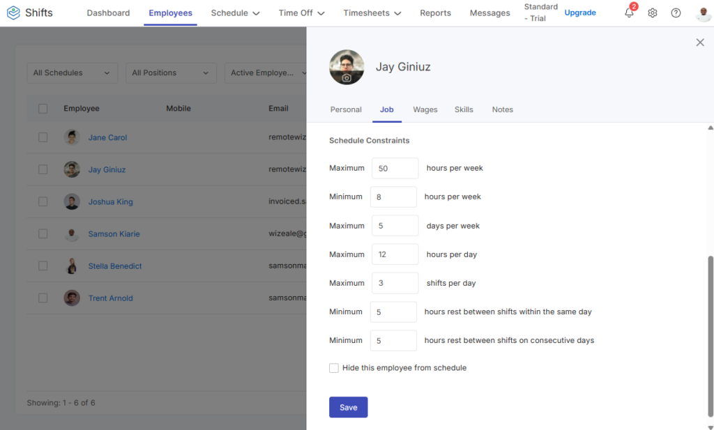 Screenshot showing Zoho Shifts schedule constraints.&nbsp;