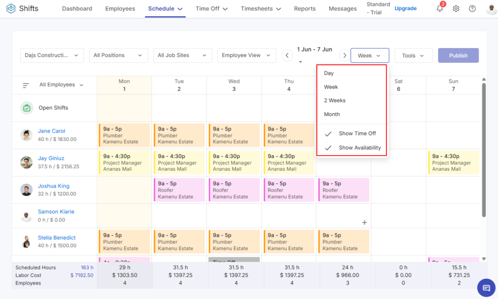 Screenshot showing Zoho Shifts scheduling options.&nbsp;