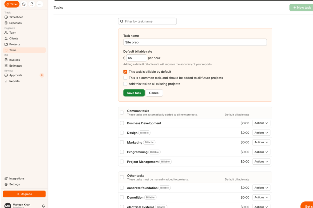 Harvest lets admins create billable or non-billable tasks with default hourly rates and choose whether tasks apply to future or existing projects.