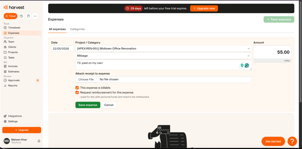 Harvest&rsquo;s expense management dashboard showing receipt attachments, mileage tracking, billable expense settings, project allocation, and client reimbursement tracking.