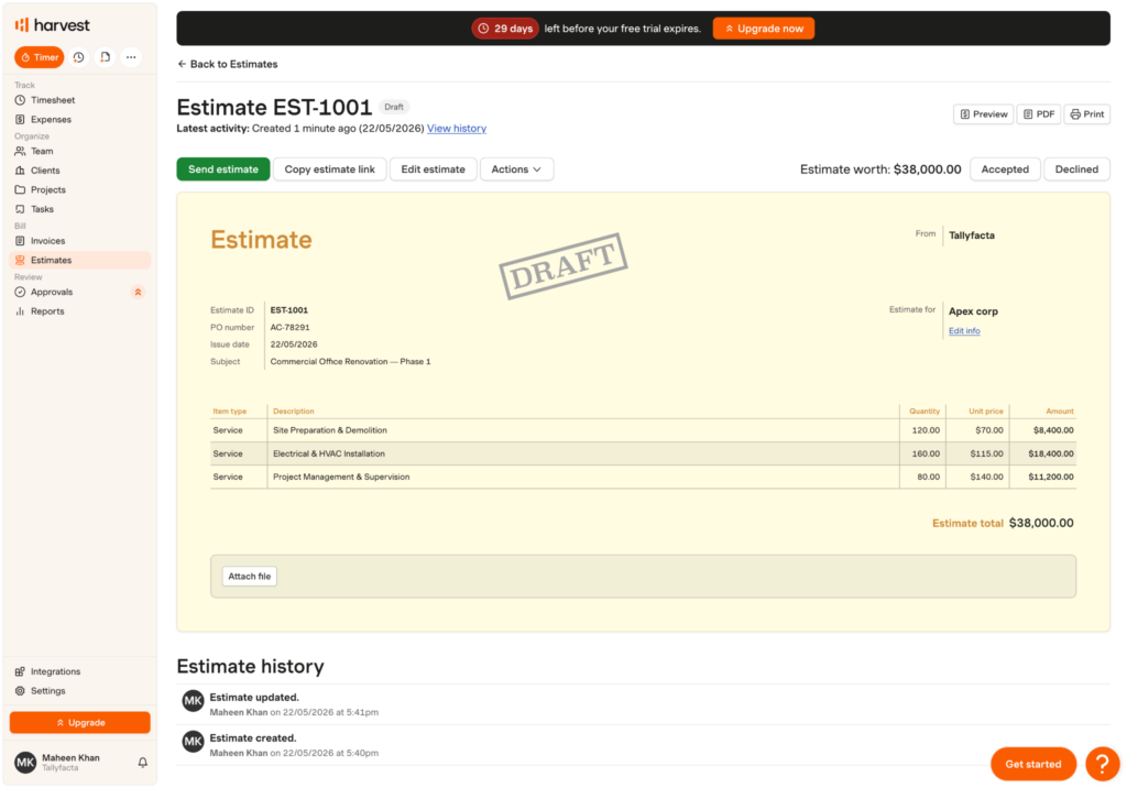 Harvest&rsquo;s estimate dashboard showing a draft client estimate with line-item services, quantities, pricing, approval status controls, and built-in PDF, print, and sharing options.