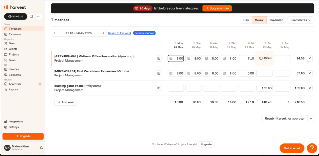 Harvest&rsquo;s weekly timesheet view showing project-based time entries, daily and weekly hour totals, approval status tracking, and options to submit or resubmit timesheets for manager approval.