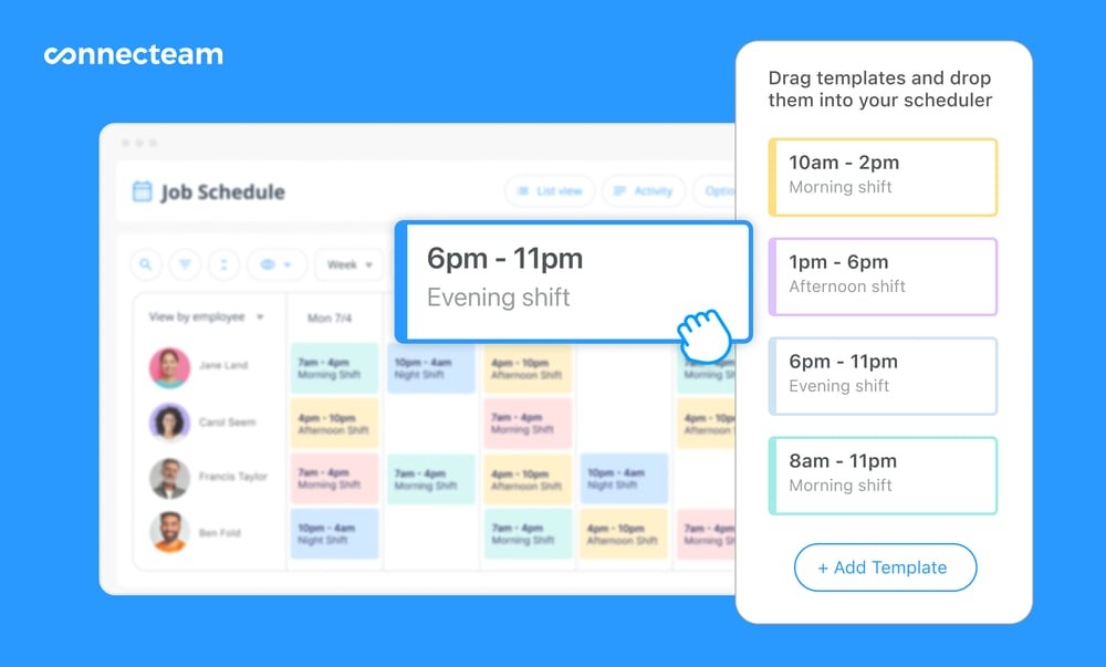 Connecteam scheduling dashboard (web version on the left, mobile version on the right), with drag-and-drop shift templates for organizing employee schedules and recurring work shifts.