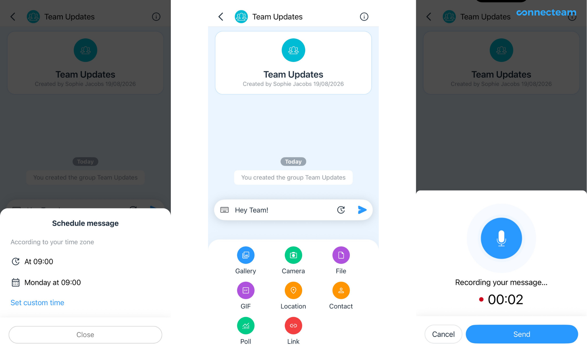 Schedule messages, add attachments, or record your message all in Connecteam&rsquo;s chat.