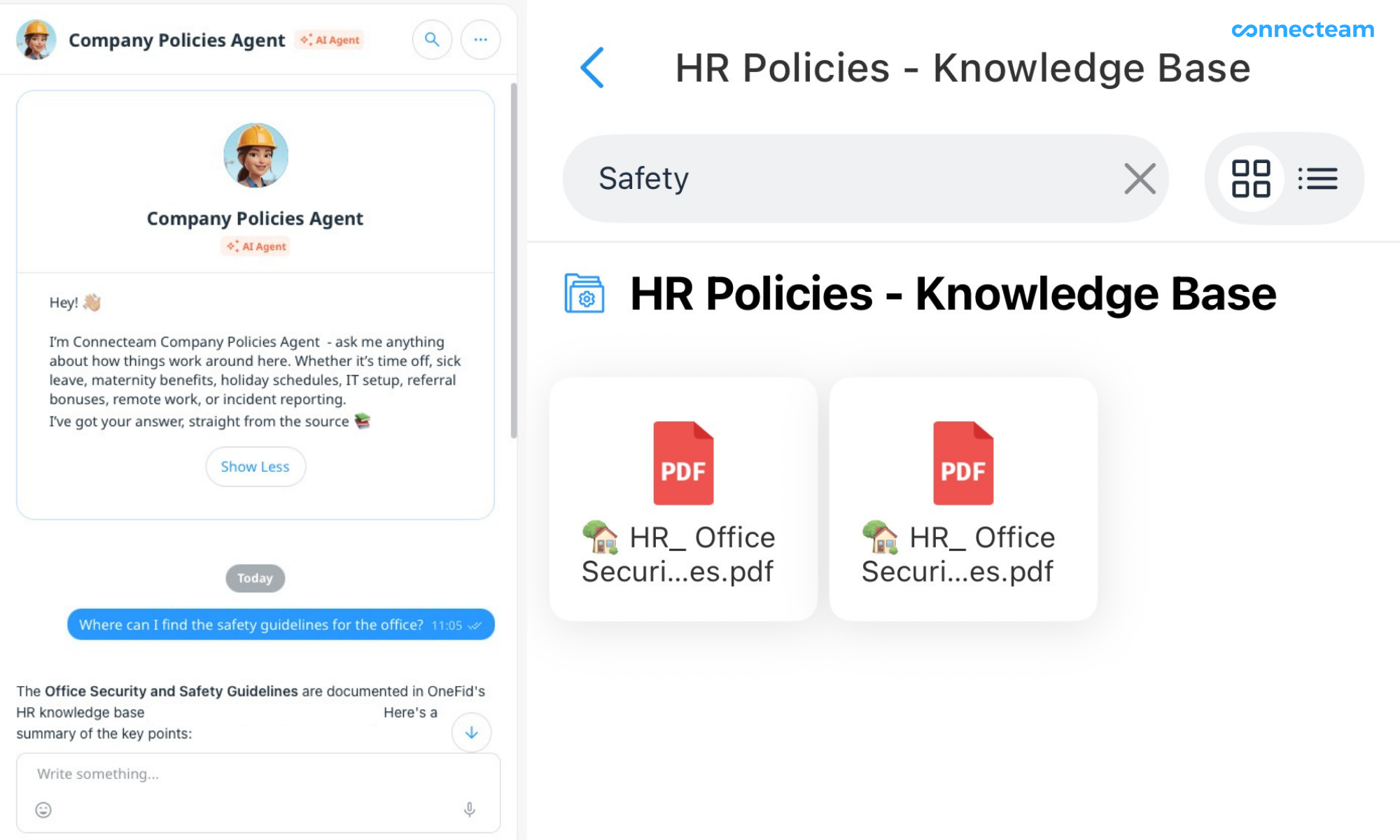 Search for company policies or ask Connecteam&rsquo;s AI agent to find answers fast.