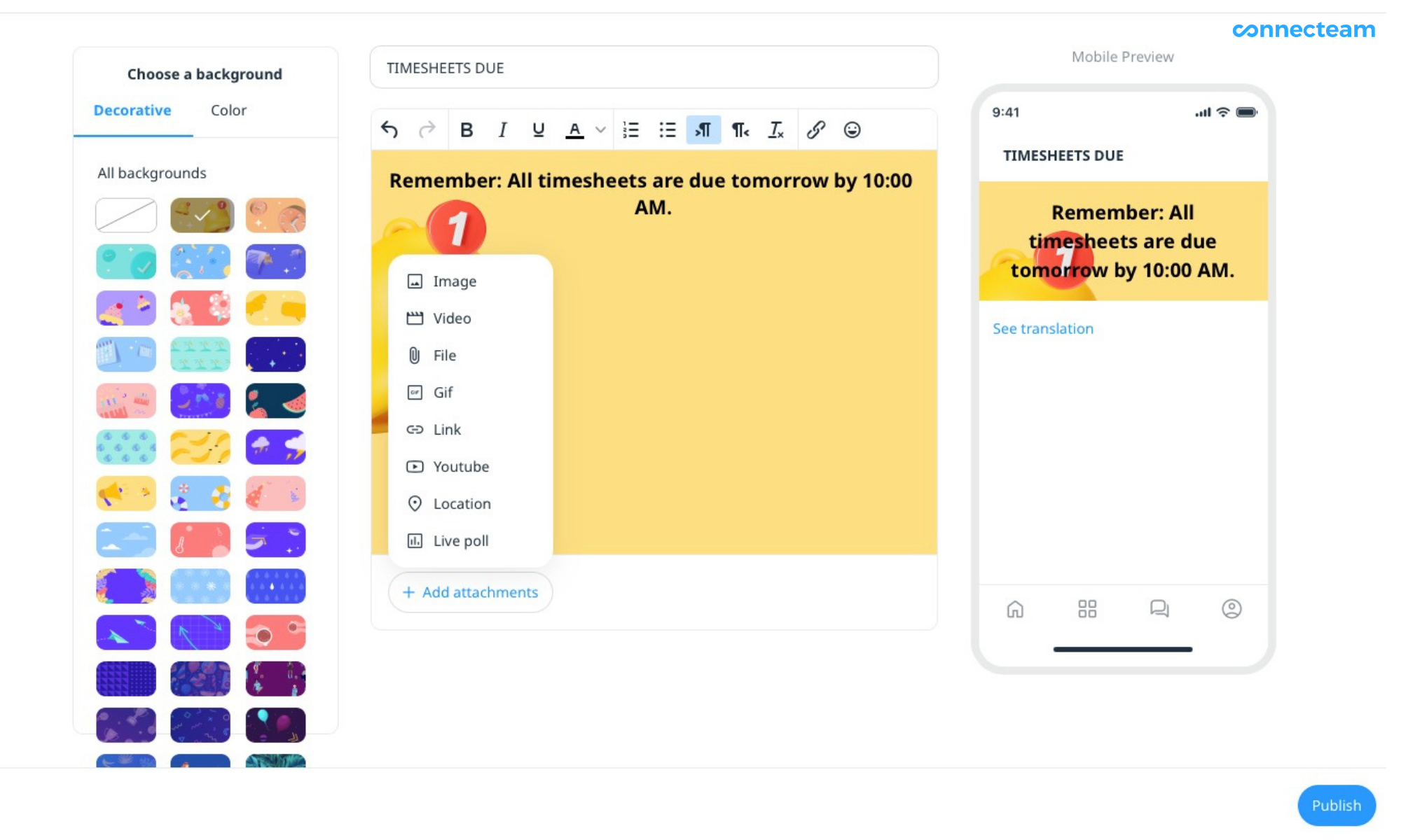 Create media-rich updates your team won&rsquo;t be able to miss.
