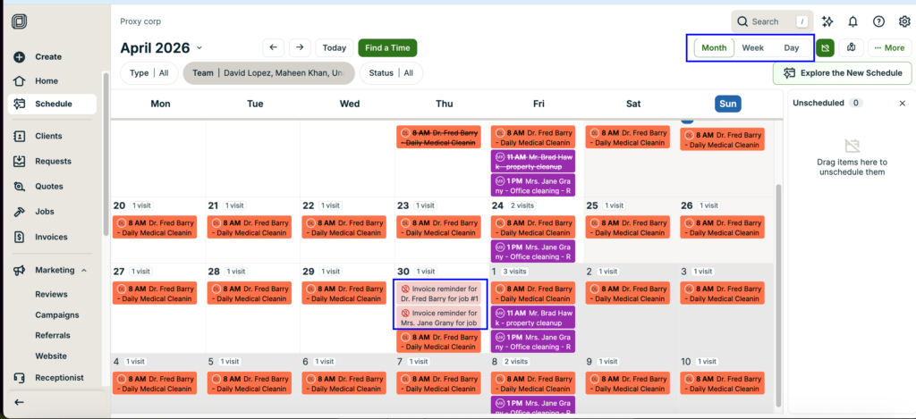 Jobber&rsquo;s calendar shows color-coded jobs by employee and invoice reminders.
