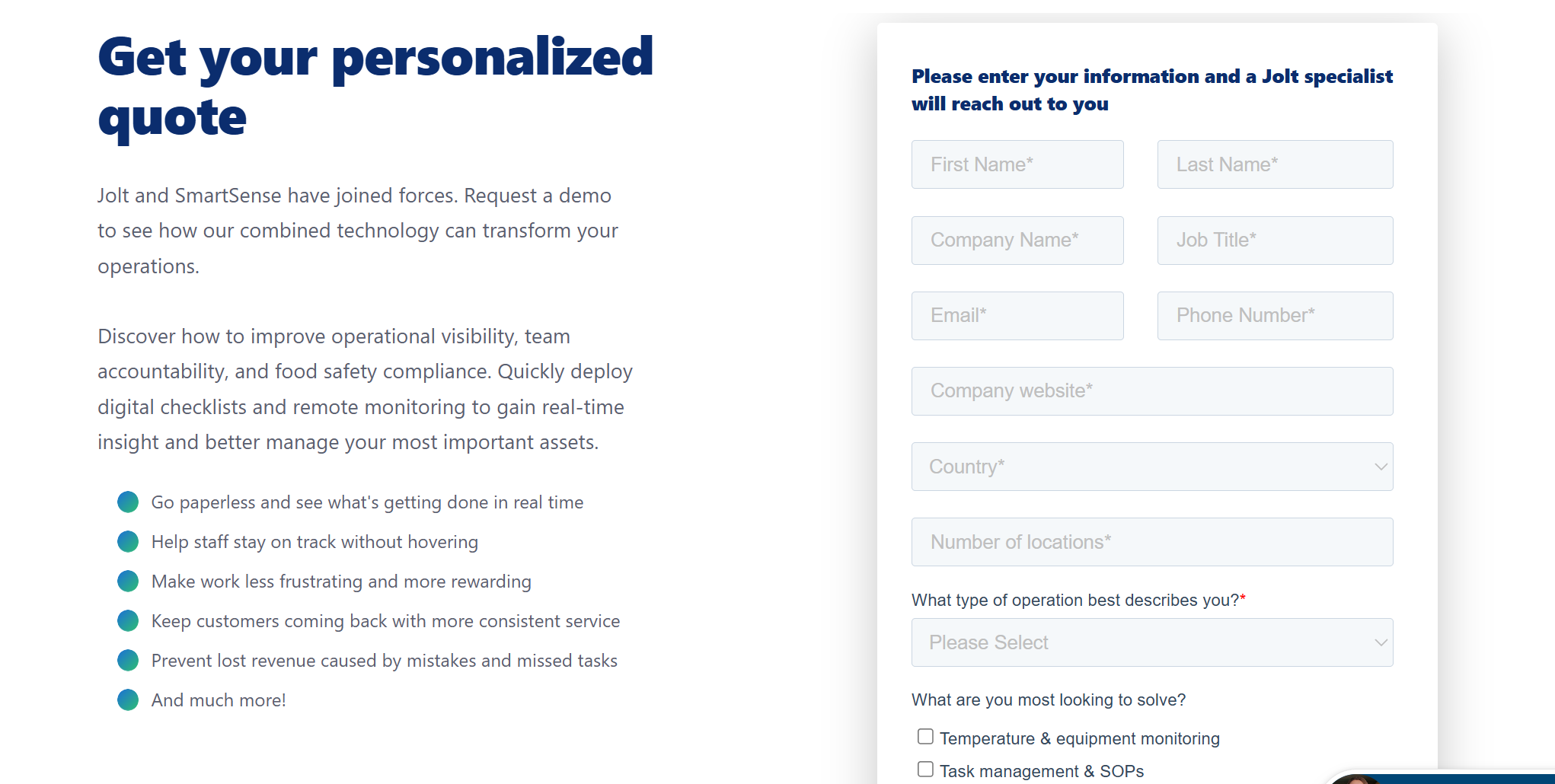A quote request landing page on Jolt&rsquo;s website with text &ldquo;Get your personalized quote&rdquo; and a form to enter your contact information and company details.