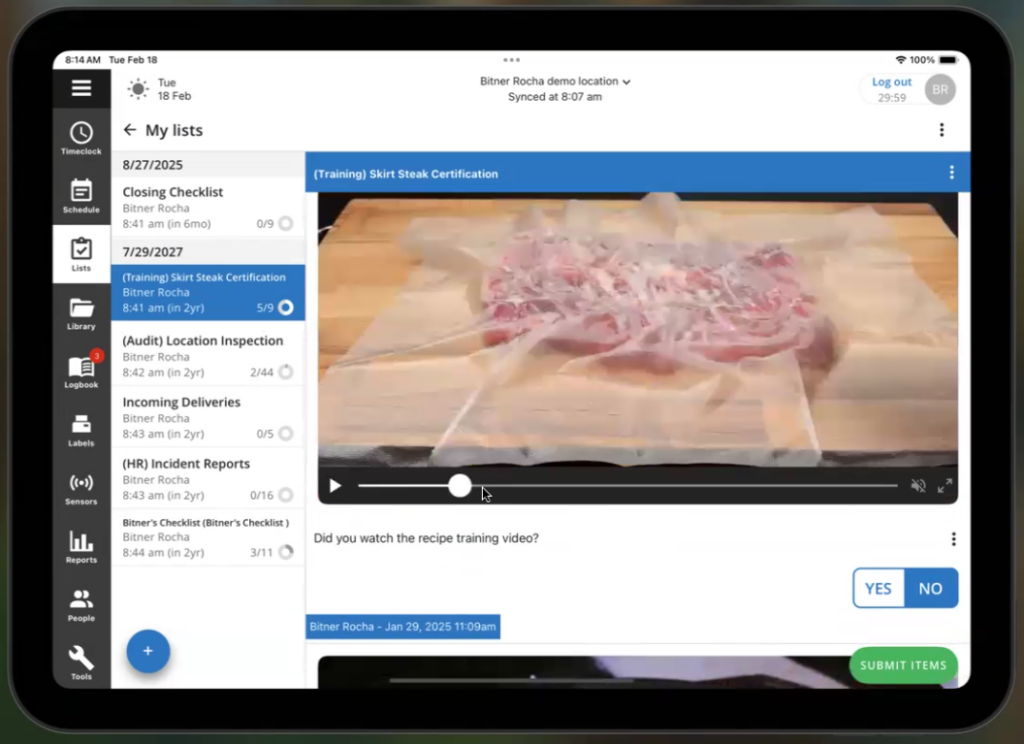 Screenshot of a training video showing how to handle food embedded in a checklist in Jolt, followed by a question asking employees to certify that they watched the video.