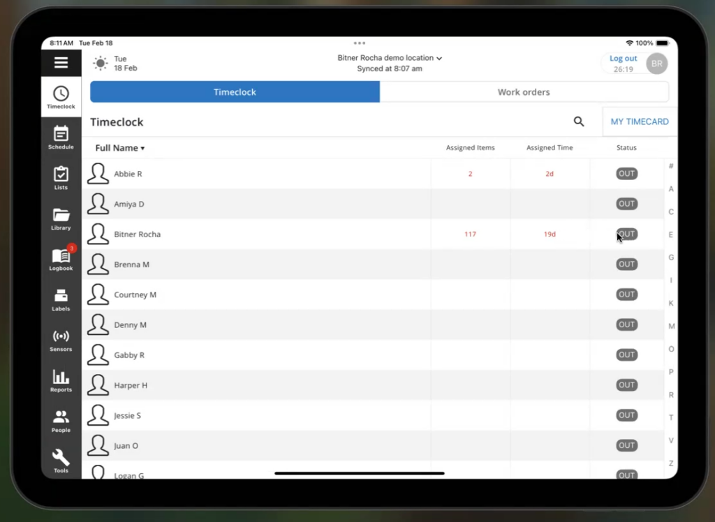 Jolt&rsquo;s time clock showing a list of employees along with their current clock-in status (in or out), their assigned tasks, and their assigned time for those tasks.