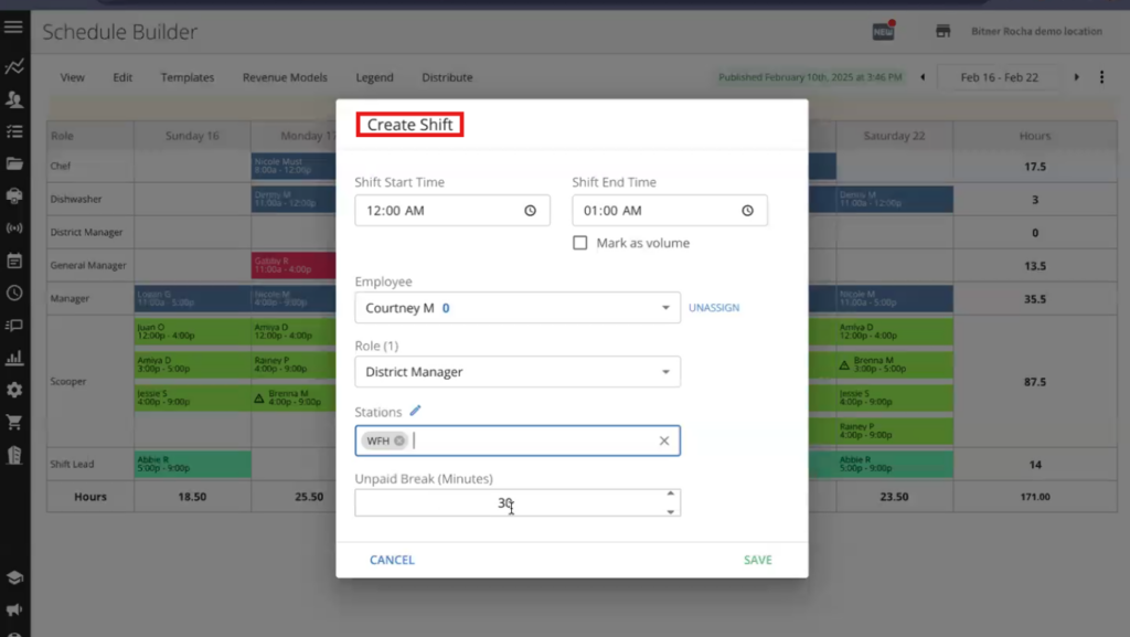 Screenshot of Jolt&rsquo;s &ldquo;Create Shift&rdquo; tool with options to add start and end times, assign an employee, role, and station, and build unpaid breaks into the shift.