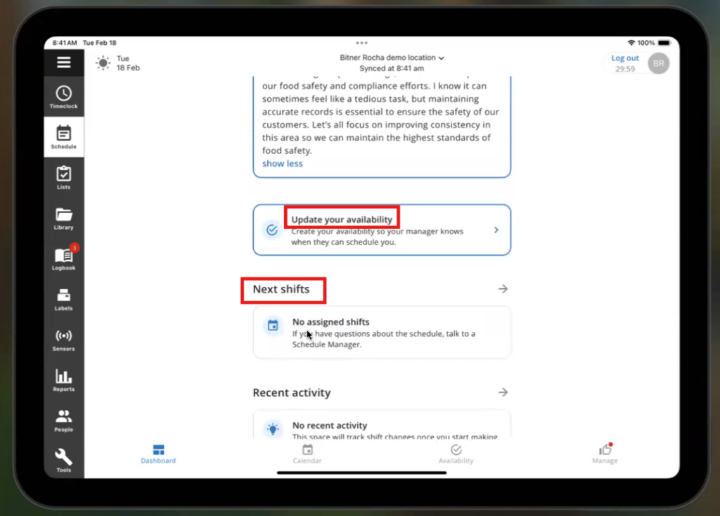 Jolt allows employees to update availability preferences and view their next assigned shifts, helping managers streamline scheduling.