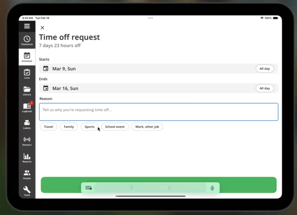 Screenshot of Jolt&rsquo;s time off request feature on an iPad, showing date selection and reason input.