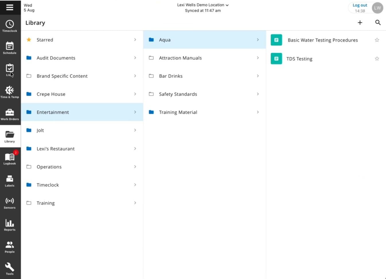 Jolt&rsquo;s information library showing folders for Audit Documents, Entertainment, Training, and more. The Entertainment folder is selected, revealing several subfolders in a second column and individual documents in a third column.