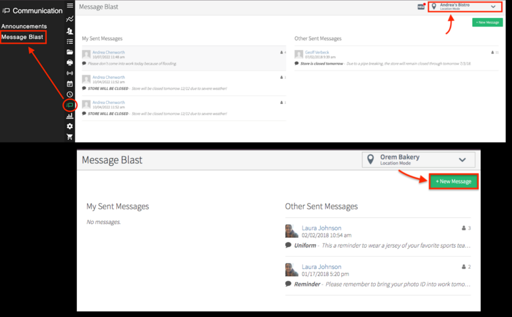 A 2-panel image of the Message Blast tool in Jolt that shows sent messages for 2 locations. The upper panel shows messages for one business location, and the lower panel shows messages for another location.