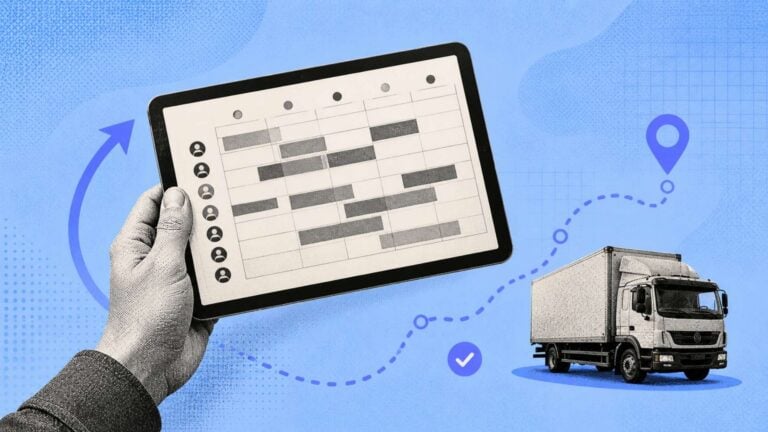 An illustration of an hand holding a tablet running logistics staff scheduling software