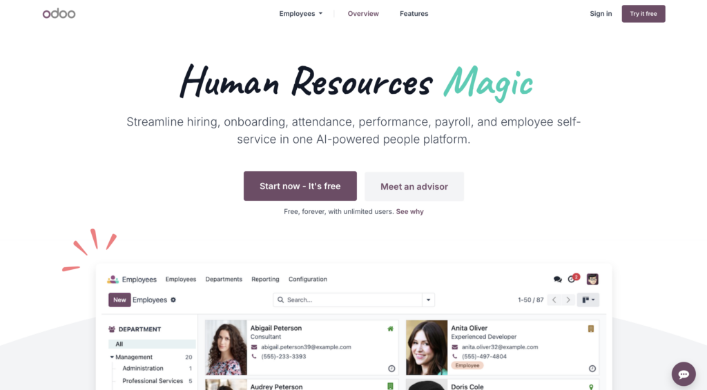 Odoo homepage promoting its HR platform with the headline 