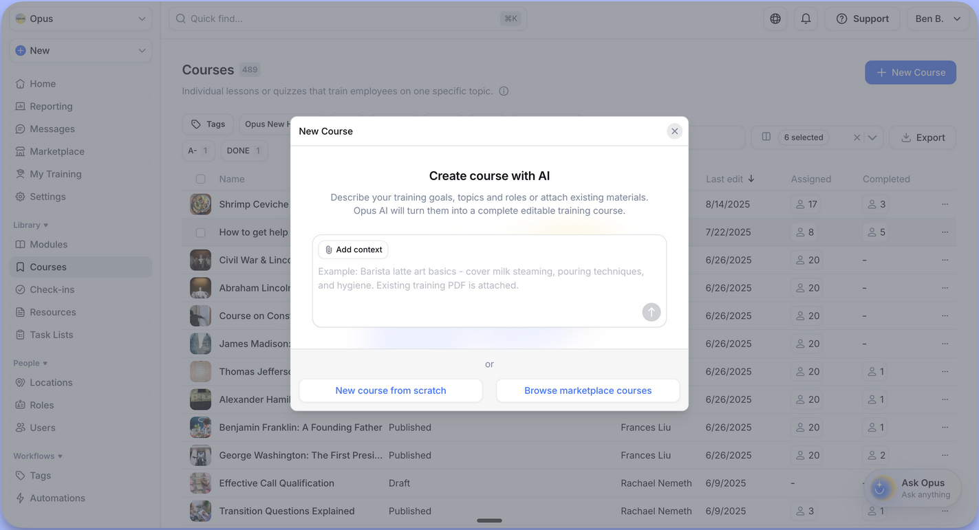 Screenshot of the Courses section showing the ability to create courses with AI.