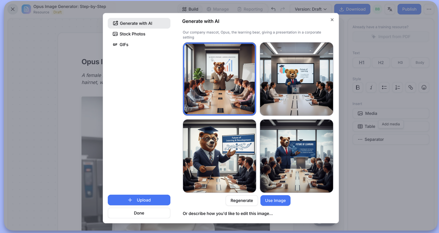 Screenshot of the AI image generator showing images generated of a company mascot.
