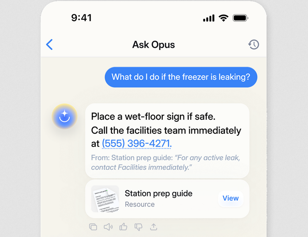 Screenshot of Ask Opus being used from a mobile device to ask what to do if a freezer is leaking.