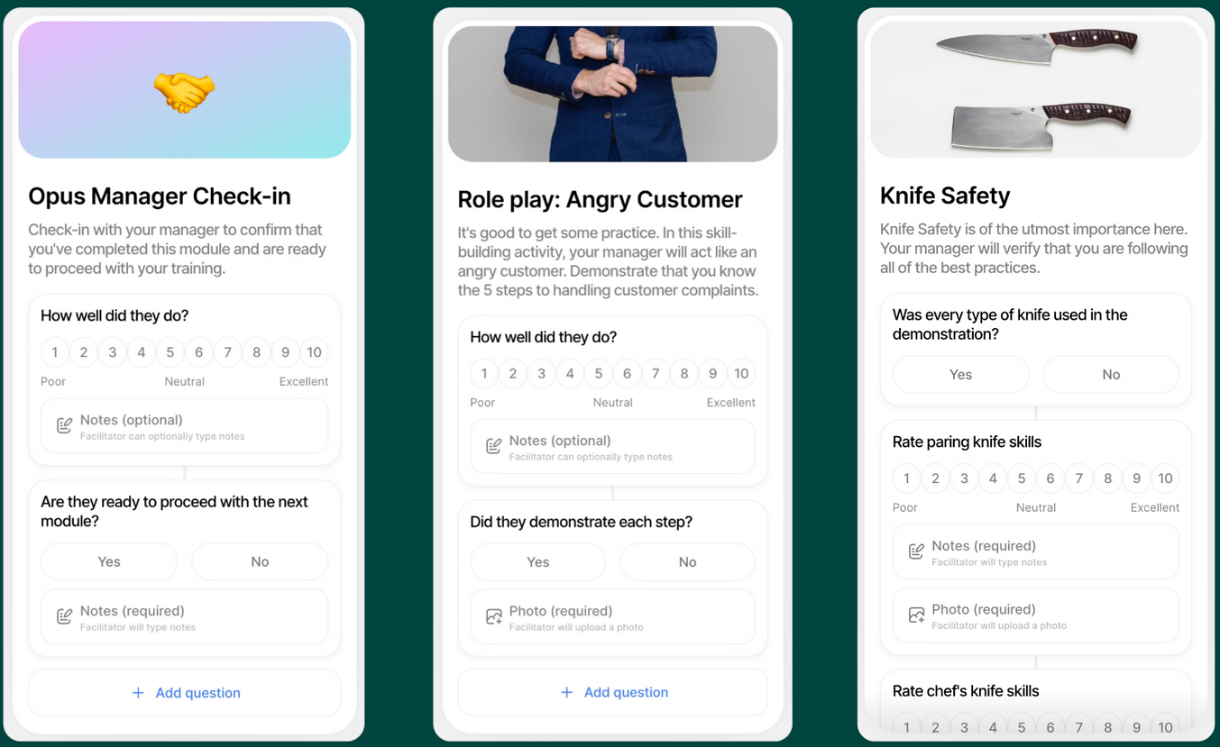 Screenshot of 3 different types of check-in in the Opus mobile interface.