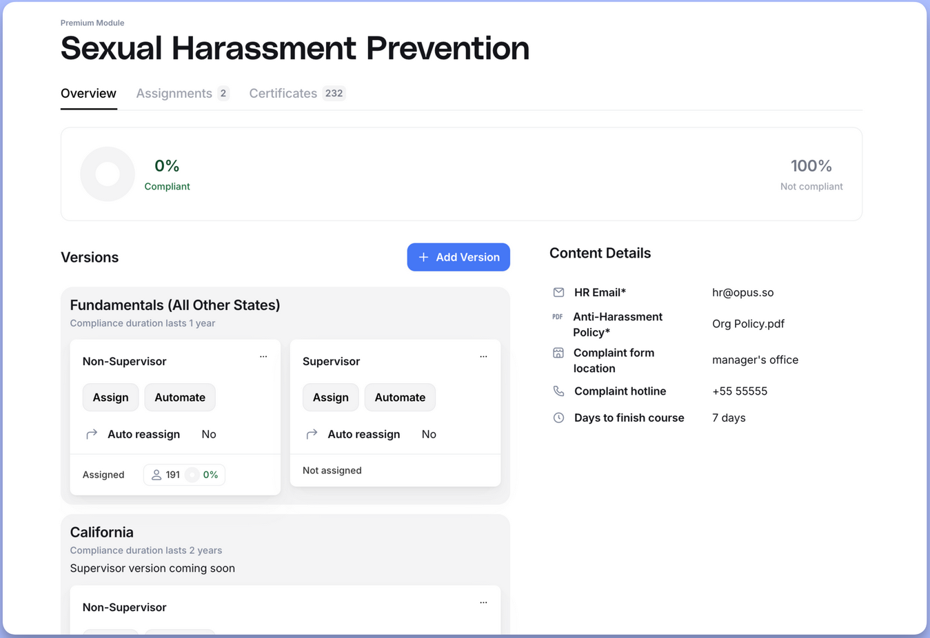 Screenshot of the Sexual Harassment Prevention Premium Module in Opus.