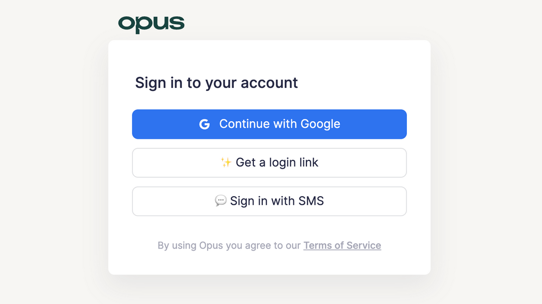 Screenshot of the Opus login page, showing options for Google login, login link, and sign in with SMS.