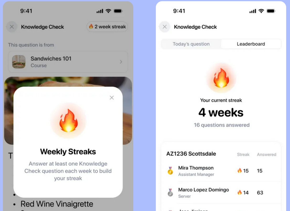 Screenshot of the mobile interface of Opus Training, showing 2 examples of the Knowledge Check page.
