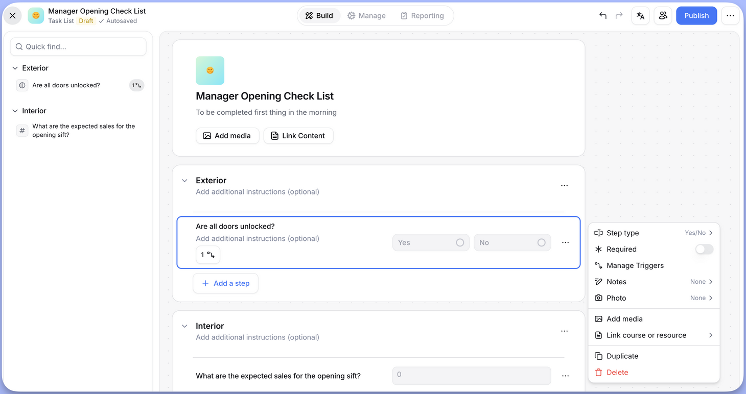 Screenshot of the Opus Task List builder, showing a checklist for a manager being made.