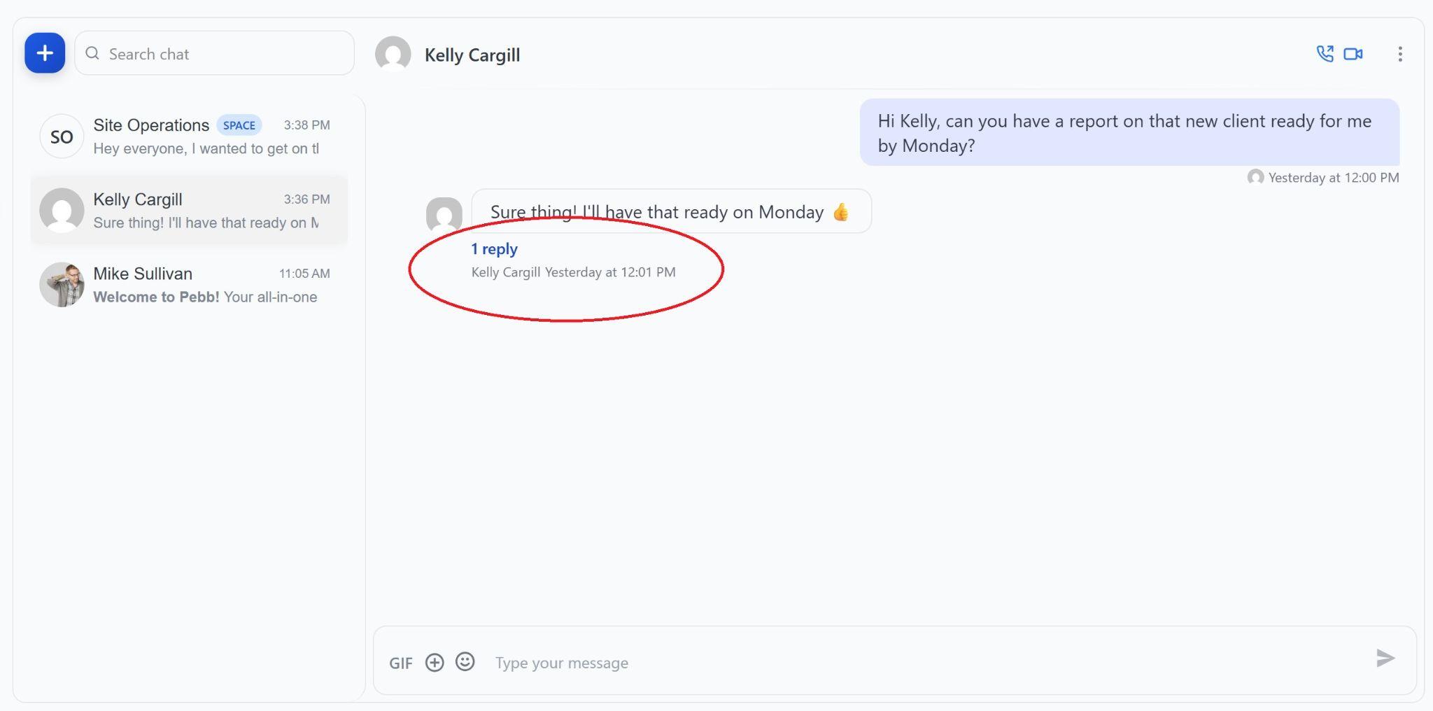 An annotated screenshot of Pebb&rsquo;s employee chat showing a 1-on-1 conversation.