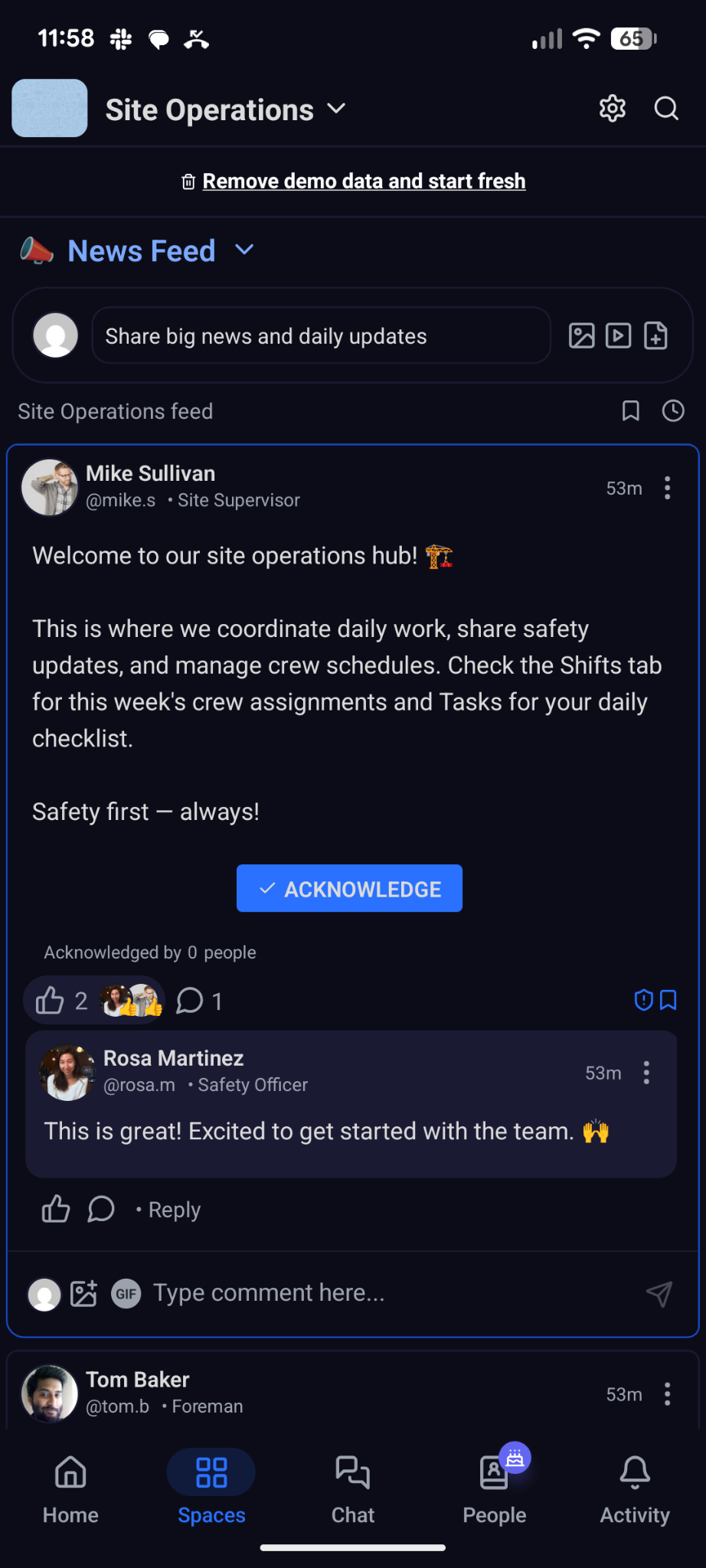 Pebb&rsquo;s mobile app showing a team news feed, with a pinned post at the top welcoming employees to an organization&rsquo;s site operations hub.