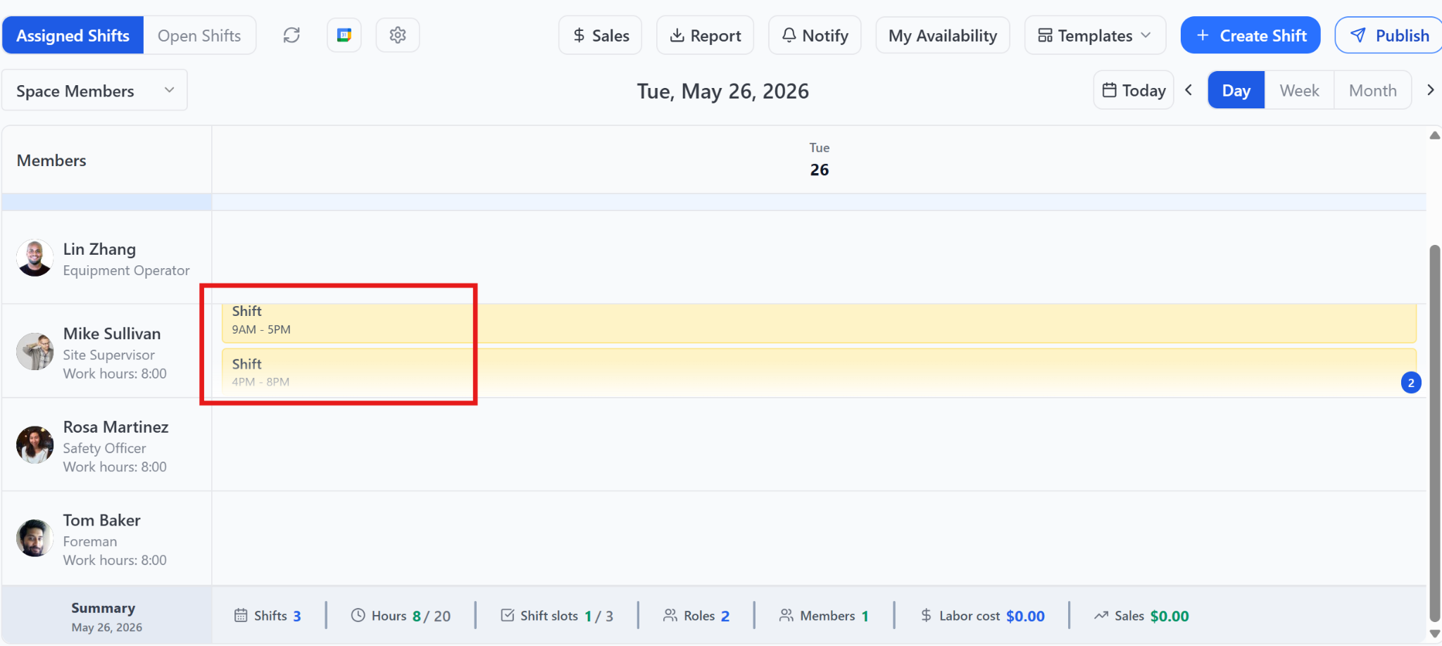 An annotated screenshot of a daily schedule on Pebb showing a single employee assigned to 2 shifts that overlap for an hour.