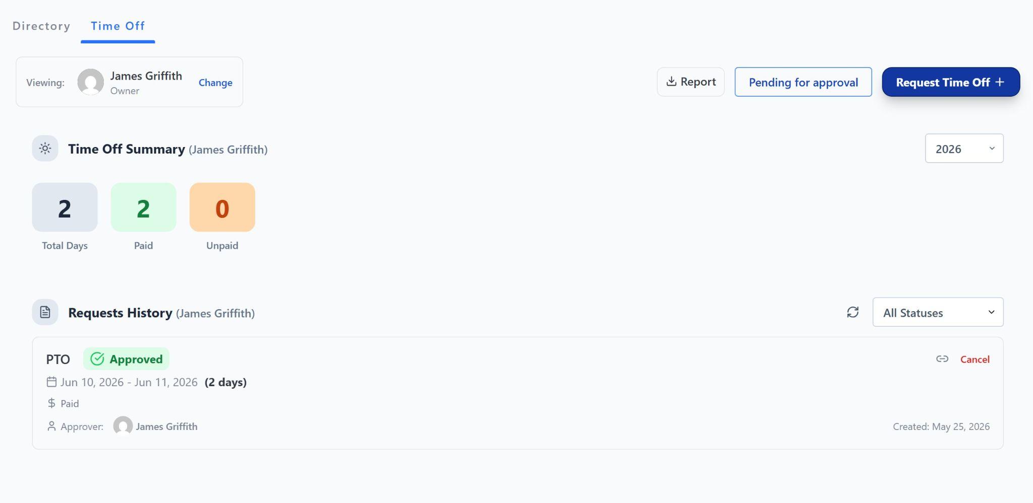 A screenshot of Pebb&rsquo;s time off dashboard showing an employee&rsquo;s upcoming time off and approved requests.