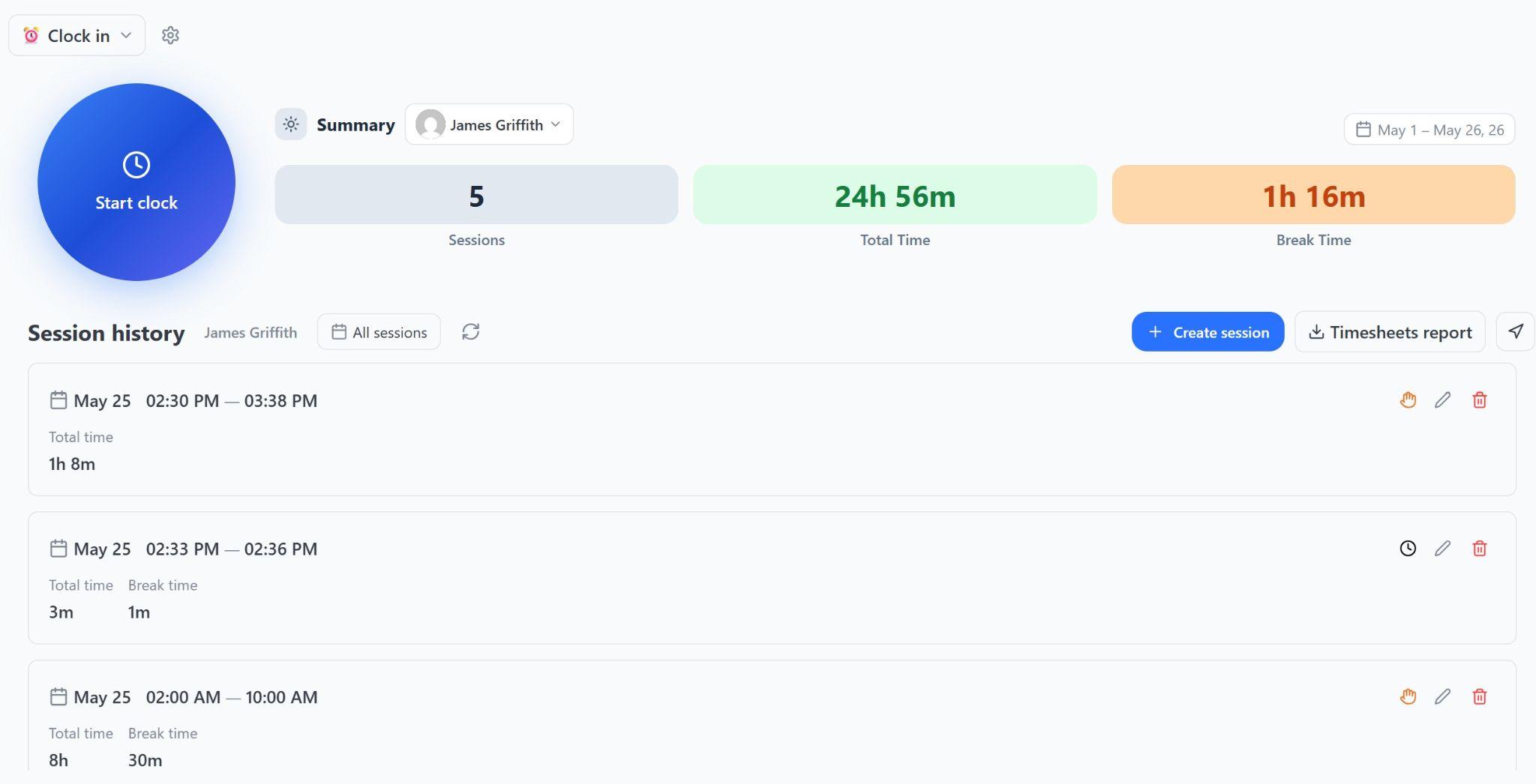 A screenshot of Pebb&rsquo;s time tracker that shows the total sessions, time recorded, and time entries for an employee.