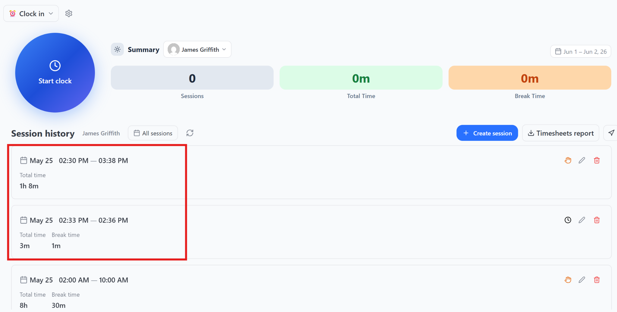 An annotated screenshot of a timesheet in Pebb showing 2 time entries that overlap.