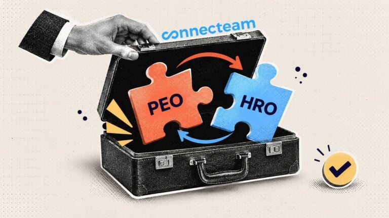 Black-and-white halftone hand opening a briefcase as two colorful puzzle pieces labeled “PEO” and “HRO” spring out, with curved arrows between them and a small checkmark accent.