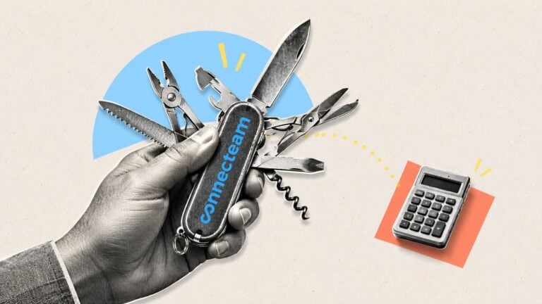 Black-and-white halftone hand holding an open multi-tool beside a small calculator, symbolizing the broader services of a PEO compared with a payroll service.