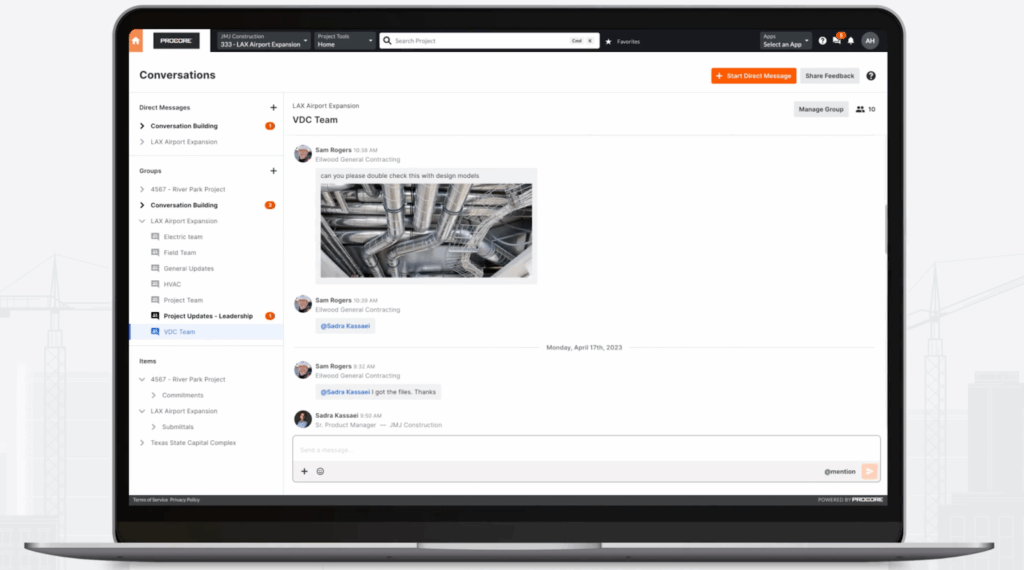 Procore Conversations on desktop showing project-based direct messages and group chats, including a shared site photo and team mentions.