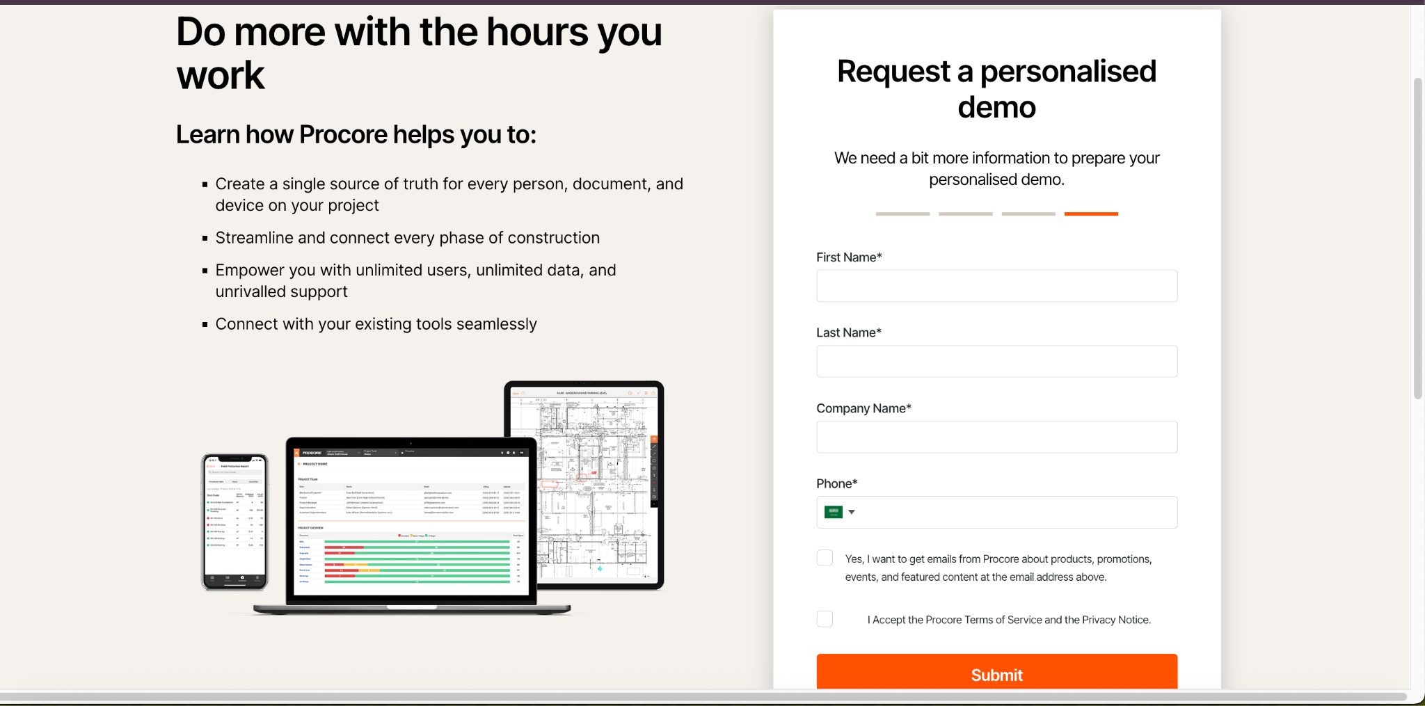 Procore demo request page showing a personalized demo form asking for name, company, phone number, consent, and terms acceptance alongside a summary of Procore’s benefits.