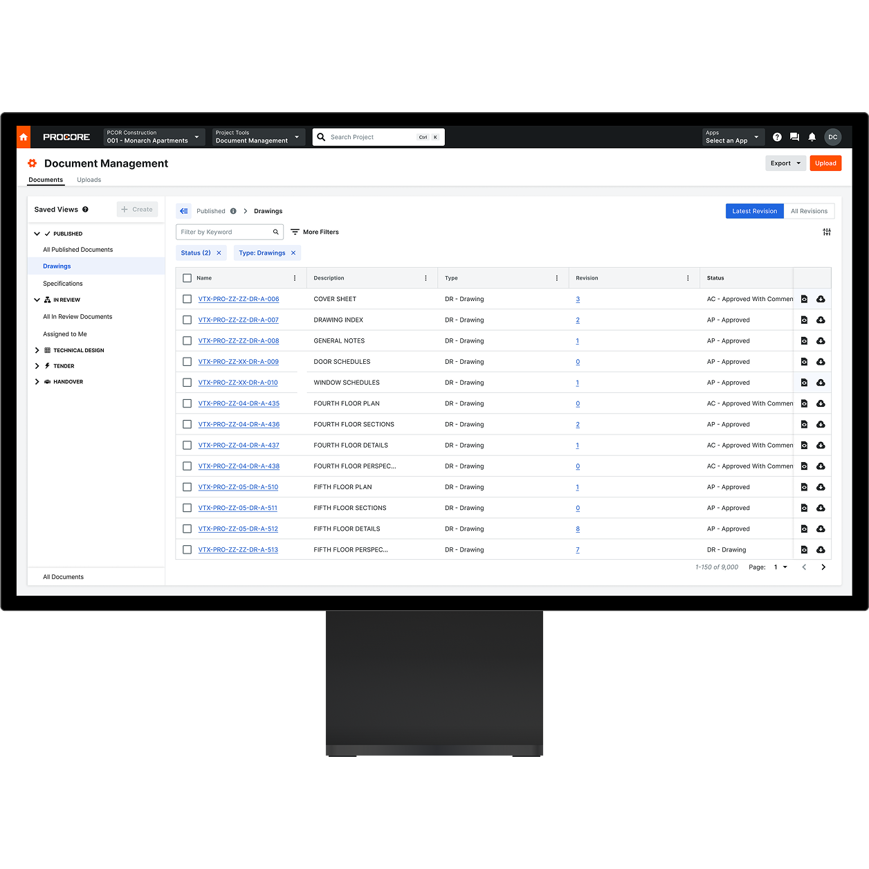 Procore Document Management lists published drawings by revision and approval status, helping teams quickly find the latest controlled project documents.