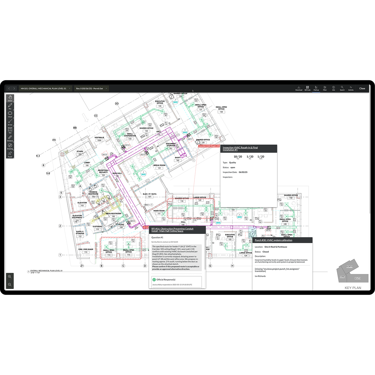 Procore Drawings links RFIs, inspections, and punch items directly to locations on a floor plan, giving teams visual context for site issues and follow-up work.