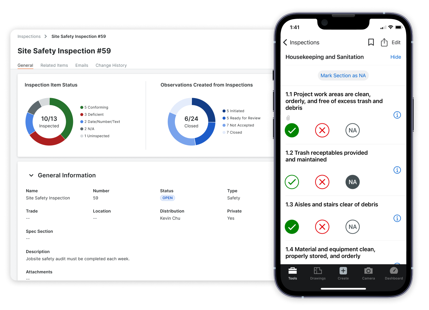 Procore Inspections shows site safety checks on web and mobile, with pass, fail, and N/A responses plus follow-up observations for corrective action.