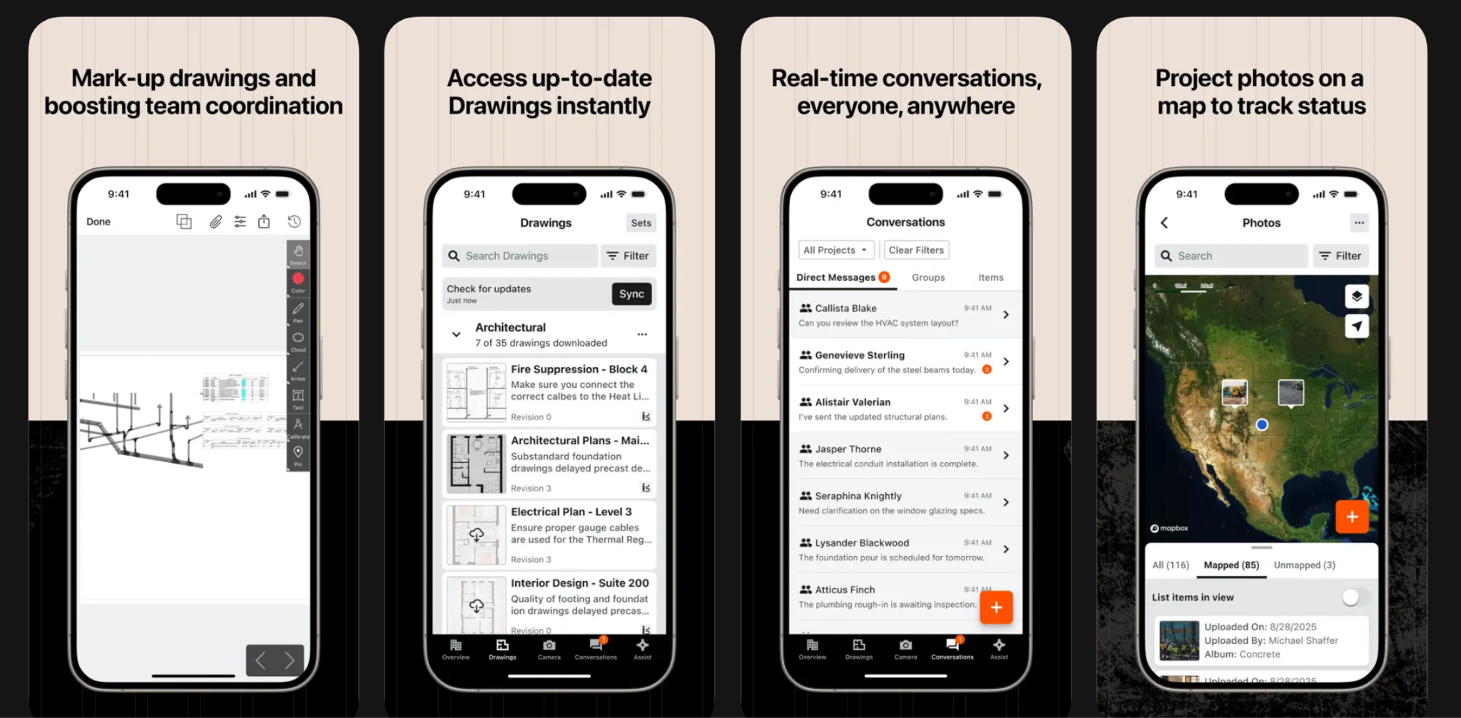 Collage of 4 Procore mobile app screens showing a marked-up construction drawing, a synced drawings list with revisions, project team conversations, and project photos plotted on a map.