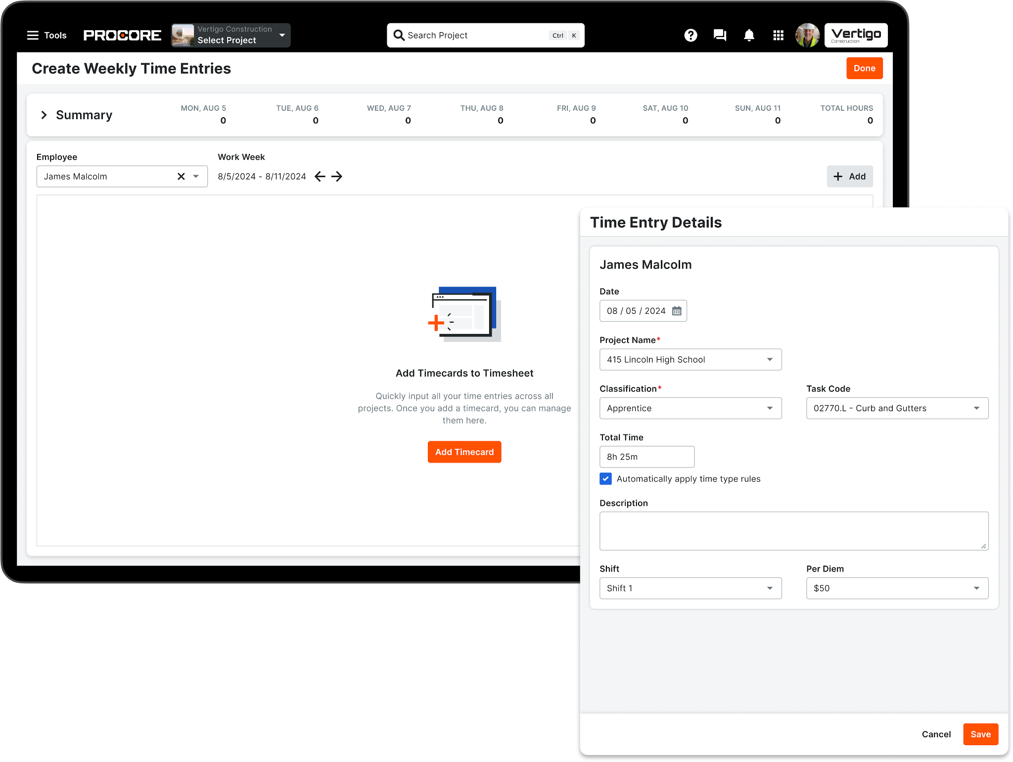 Procore Timesheets lets teams add weekly time entries by employee, project, classification, task code, total time, shift, and per diem for job-costed labor tracking.