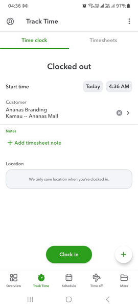 During testing, we could clock in and out of the QuickBooks Time mobile app, add entries, and leave timesheet notes.