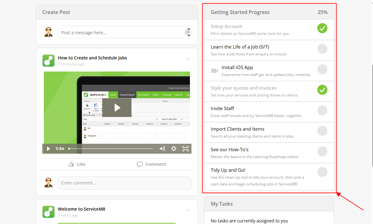 Screenshot showing ServiceM8&rsquo;s getting started wizard.