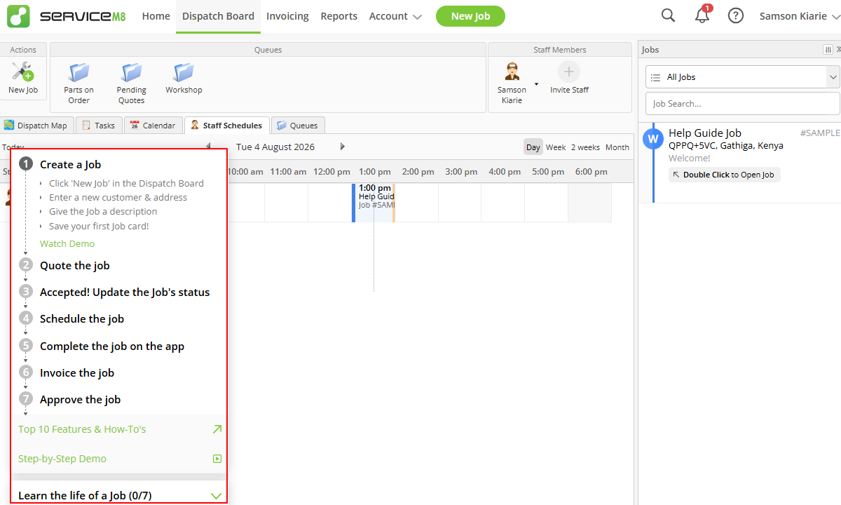 Screenshot showing ServiceM9&rsquo;s seven-step job flow wizard